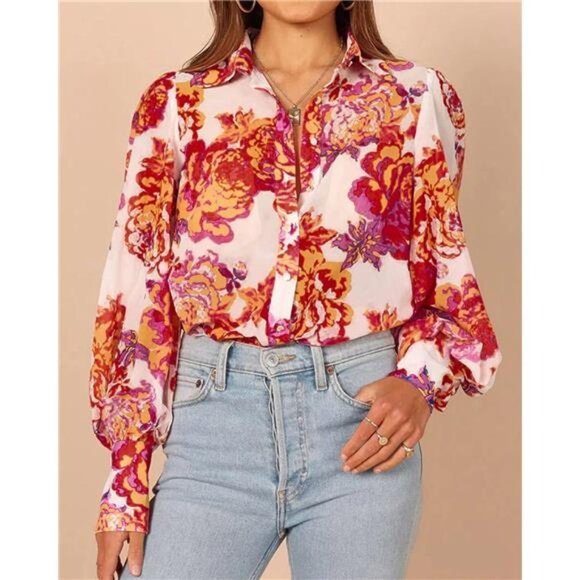 Tops - Floral Rose Print Button Up Shirt Casual Long Puff Sleeve Blouse Boho Dressy Top